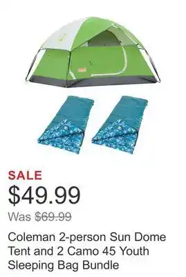 Costco Coleman 2-person sun dome tent and 2 camo 45 youth sleeping bag bundle offer