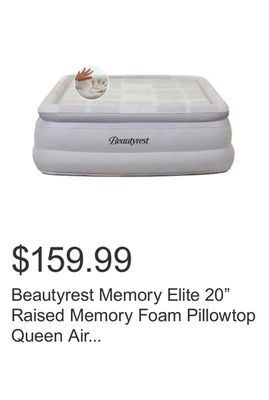 Costco Beautyrest memory elite 20" raised memory foam pillowtop queen air bed with built-in pump offer