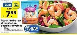 Lidl Frozen jumbo raw shrimp tail on, peeled & deveined offer
