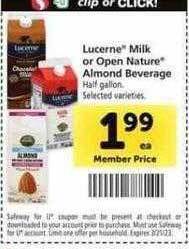 Safeway Lucerne milk or open nature almond beverage offer