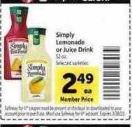 Safeway Simply lemonade or juice drink offer