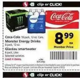 Safeway Coca-cola, monster energy drinks or glacéau smartwater offer