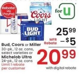 Albertsons Bud, Coors or Miller 30 pk.,12 oz. cans offer