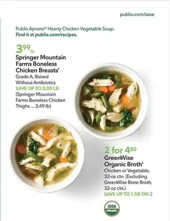 Publix Springer mountain farms boneless chicken breasts, greenwise organic broth offer