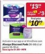 Winn Dixie Always discreet pads offer