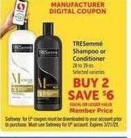 Safeway Tresemmé shampoo or conditioner offer