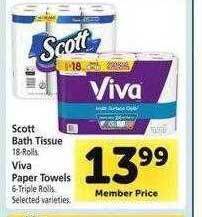 Safeway Scott bath tissue or viva paper towels offer