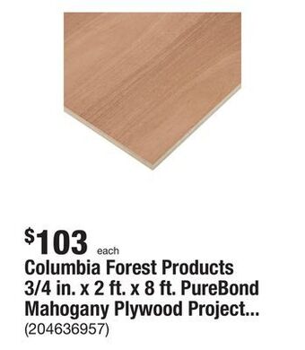 The Home Depot Columbia forest products 3/4 in. x 2 ft. x 8 ft. purebond mahogany plywood project panel (free custom cut available) offer