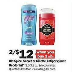 Meijer Old spice secret or gillette antiperspirant deodorant offer