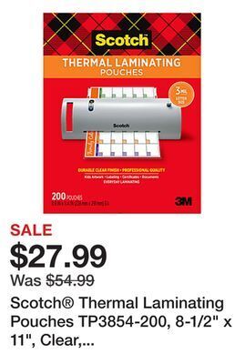 Office Depot Scotch® thermal laminating pouches tp3854-200, 8-1/2" x 11", clear, pack of 200 laminating sheets offer
