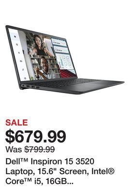 Office Depot Dell™ inspiron 15 3520 laptop, 15.6" screen, intel® core™ i5, 16gb memory, 256gb solid state drive, wi-fi 6, windows® 11 home offer
