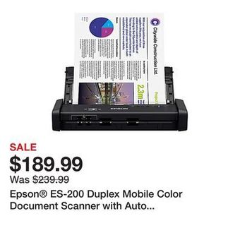 Office Depot Epson® es-200 duplex mobile color document scanner with auto document feeder offer
