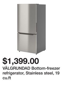 Ikea Välgrundad bottom-freezer refrigerator, stainless steel, 19 cu.ft offer