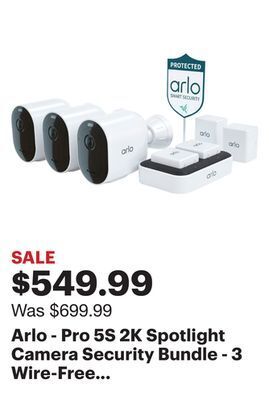 Best Buy Arlo - pro 5s 2k spotlight camera security bundle - 3 wire-free cameras indoor/outdoor 2k with color night vision (12 pieces) offer
