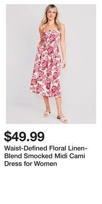 Old Navy Waist-defined floral linen-blend smocked midi cami dress for women offer