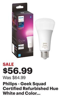 Best Buy Philips - geek squad certified refurbished hue white and color ambiance 100w a21 led smart bulb - multicolor offer