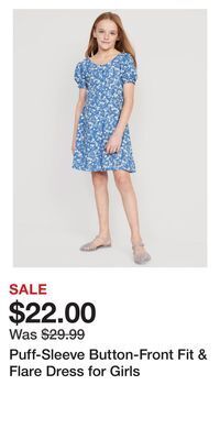 Old Navy Puff-sleeve button-front fit & flare dress for girls offer