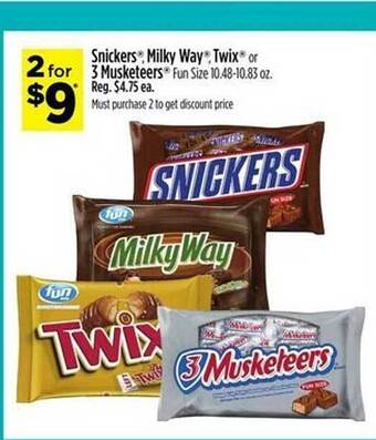 Dollar General Snickers, milky way, twix or 3 musketeers fun size offer