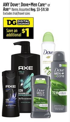 Dollar General Dove®, dove + men care® or axe® items offer