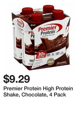 Wegmans Premier protein high protein shake, chocolate, 4 pack offer