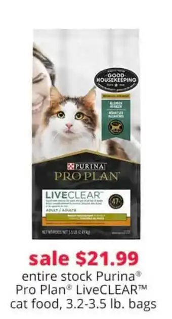 Pet Smart Purina Pro Plan Liveclear Cat Food, 3.2-3.5 Lbl. Bags offer