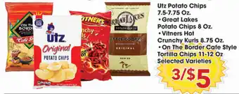 Fairplay Utz Potato Chips 7.5-75 oz, Great Lakes Potato Chips 8 oz,Vitners Hot Crunchy Kurls 8.75 oz, On The Border Cafe Style offer