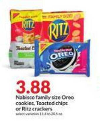 Hy-Vee Nabisco family size oreo cookies, toasted chips or ritz crackers offer