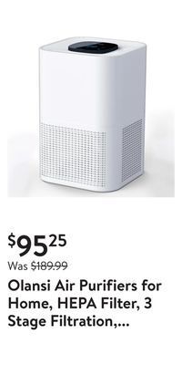 Walmart Olansi air purifiers for home, hepa filter, 3 stage filtration, 30db quiet sleep mode, kj200g-a4 offer