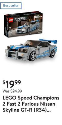 Walmart Lego speed champions 2 fast 2 furious nissan skyline gt-r (r34) 76917 race car toy model building kit, collectible with racer offer
