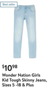 Walmart Wonder nation girls kid tough skinny jeans, sizes 5 -18 & plus offer