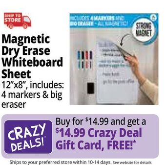 Ocean State Job Lot Cinch! 12" x 8" magnetic dry erase whiteboard sheet for kitchen fridge offer