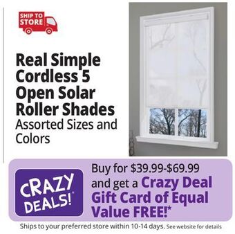 Ocean State Job Lot Real simple cordless 5% open solar roller shades offer