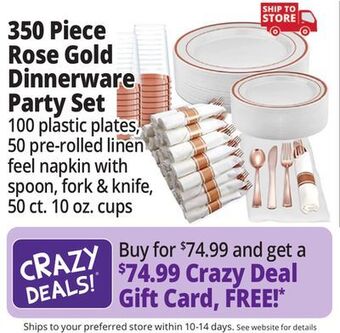 Ocean State Job Lot Prestee 350 piece dinnerware party set for 50 guests, rose gold offer