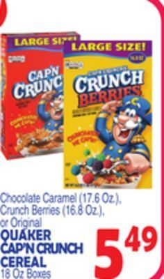 Bravo Supermarkets Quaker cap'n crunch cereal 18 oz boxes offer