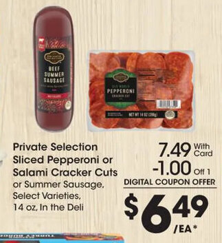 Kroger Private Selection Sliced Pepperoni or Salami Cracker Cuts offer