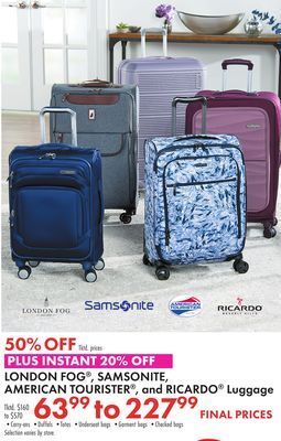 Boscov's London fog®, samsonite, american tourister®, and ricardo® luggage offer