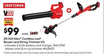 Lowe's 20-volt max f cordless leaf blower and string trimmer kit offer