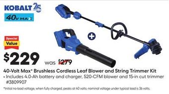Lowe's 40-volt max v brushless cordless leaf blower and string trimmer kit offer