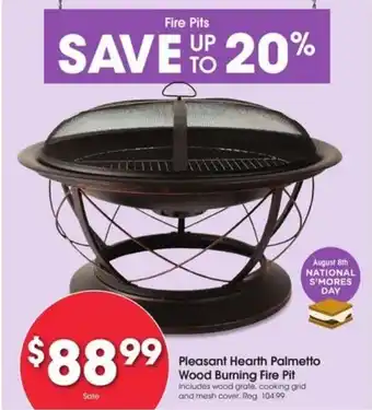 Kroger Pleasant Hearth Palmetto Wood Burning Fire Pit offer