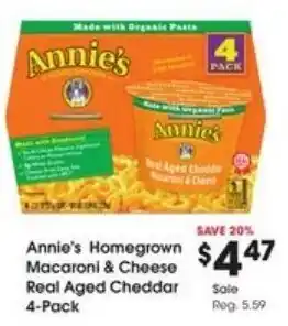 Kroger Annie's Homegrown Macaroni & Cheese Real Aged Cheddar 4-Pack offer