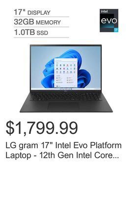 Costco Lg gram 17" intel evo platform laptop - 12th gen intel core i7-1260p - 2560 x 1600 - windows 11 offer