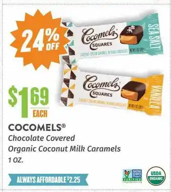 Natural Grocers Cocomels chocolate covered organic coconut milk caramels offer