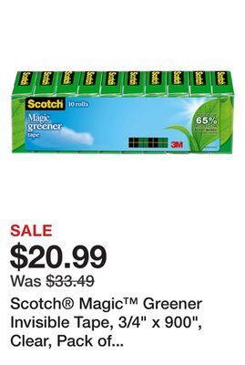 Office Depot Scotch® magic™ greener invisible tape, 3/4 x 900, clear, pack of 10 rolls offer