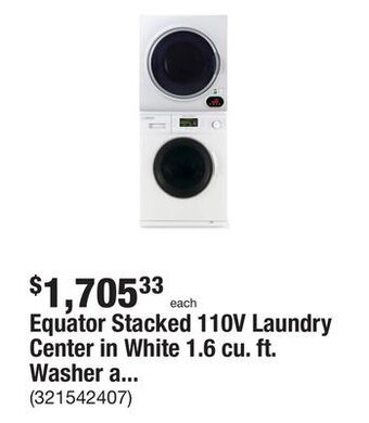 The Home Depot Equator stacked 110v laundry center in white 1.6 cu. ft. washer and 3.5 cu. ft. electric compact dryer with accessories offer