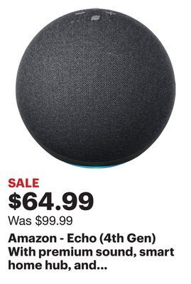 Best Buy Amazon - echo (4th gen) with premium sound, smart home hub, and alexa - charcoal offer