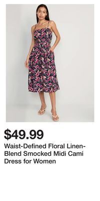 Old Navy Waist-defined floral linen-blend smocked midi cami dress for women offer
