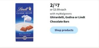 Walgreens Ghirardelli, godiva or lindt chocolate bars offer