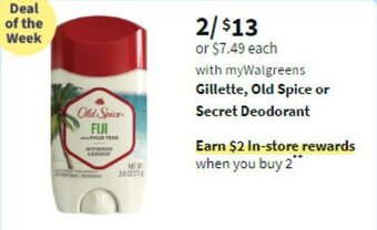 Walgreens Gillette, Old Spice or Secret Deodorant offer