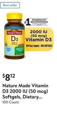 Walmart Nature made vitamin d3 2000 iu (50 mcg) softgels, dietary supplement for bone and immune health support offer