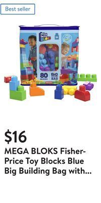 Walmart Mega bloks fisher-price toy blocks blue big building bag with storage (80 pieces) for toddler offer